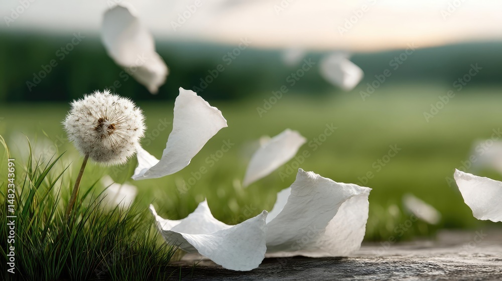 Poster blowing in the wind across field with leaves and dandelion concept. a close-up of a dandelion with p