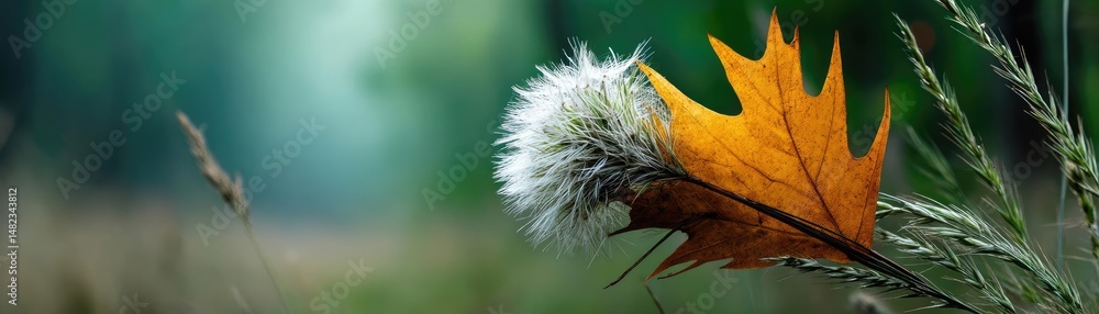 Poster blowing in the wind across field with leaves and dandelion concept. a vibrant autumn leaf resting on