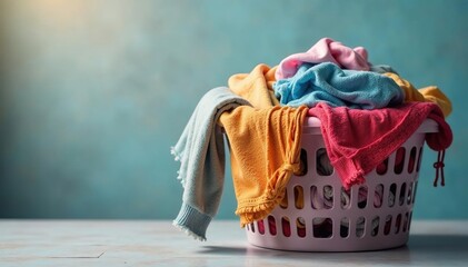 Overfilled laundry basket overflowing with clothes, pile, shirts