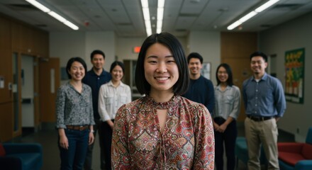 Obraz premium Cheerful young east asian woman stands with diverse group in indoor setting.