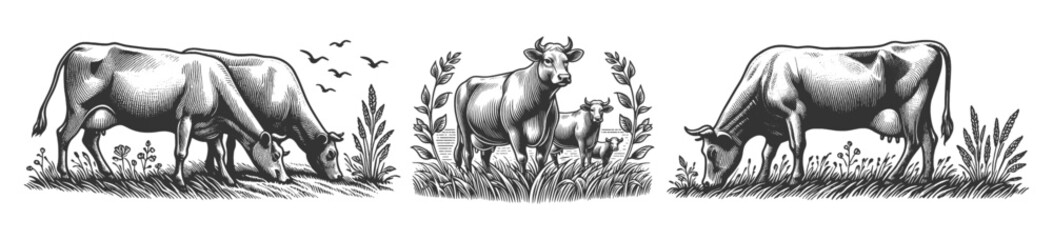 cows grazing peacefully in fields, ideal for farm, agriculture, and rural designs Set collection bundle sketch engraving generative ai vector illustration. Scratch board. Black and white image.