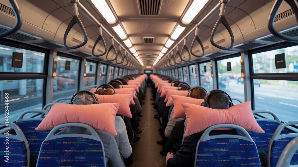 Poster passengers are enjoying a comfortable commute with noise canceling headphones and pillows on a moder