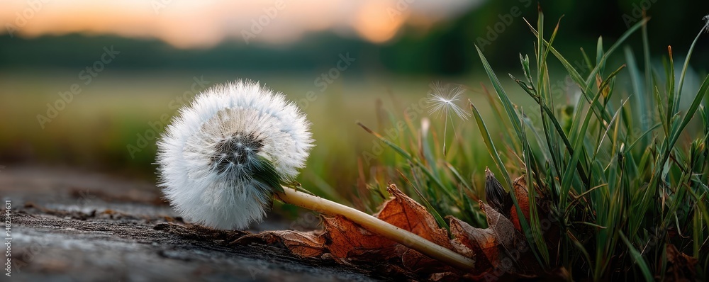 Poster blowing in the wind across field with leaves and dandelion concept. a close-up of a dandelion seed h