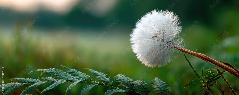 Poster blowing in the wind across field with leaves and dandelion concept. a close-up of a delicate dandeli