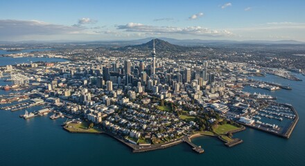 Aerial view of Auckland city showcasing urban landscape and harbor activity