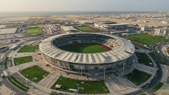 Aerial view of a modern stadium in doha qatar during daylight hours