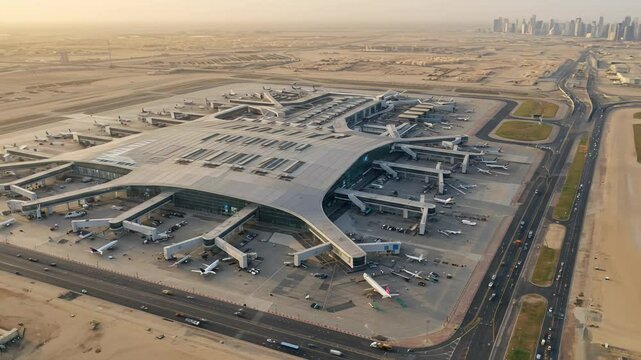 Awe inspiring drone shot of the doha international airports modern architecture and urban planning