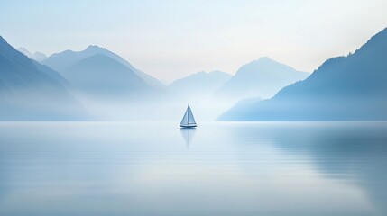 Serene Voyage: Sailboat on a misty lake surrounded by towering mountains