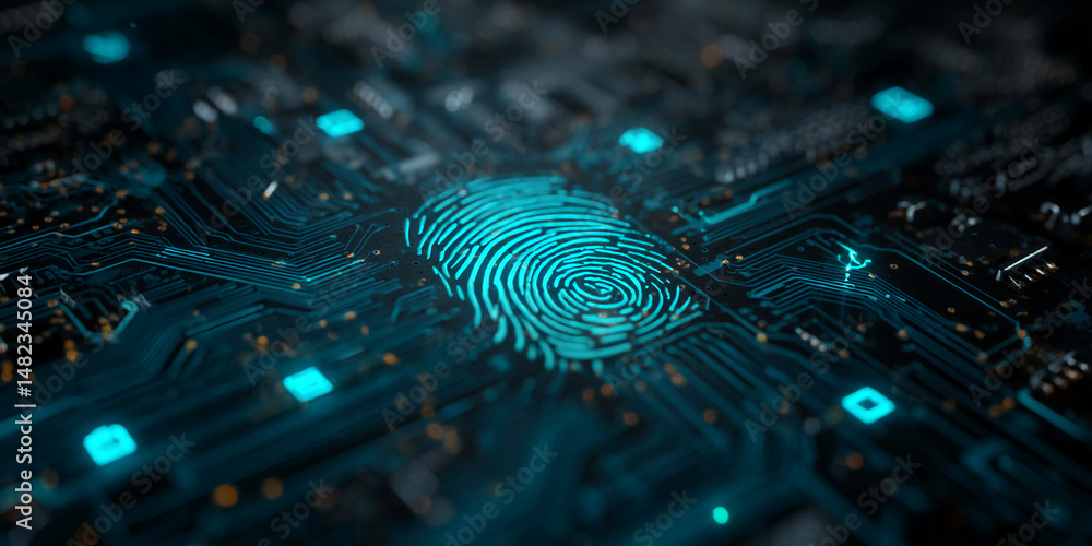 Poster cybersecurity concept image, showcasing a glowing cyan fingerprint on a dark circuit board, symboliz