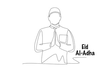 Muslim men say Eid al-Adha. Eid al-adha concept one-line drawing