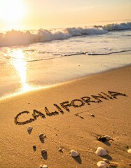Fototapeta premium California beach sunset with waves and seashells on sandy shore
