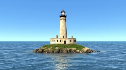 Solitary Lighthouse on a Rocky Island in a Calm Ocean under a Clear