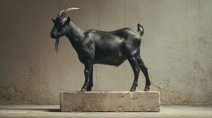 Dark, elegant goat standing majestically on a stone pedestal.