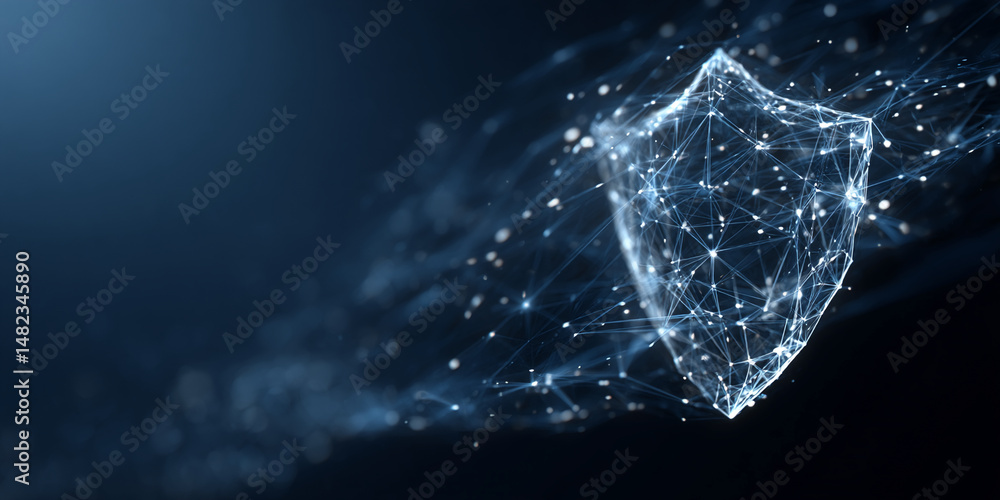 Poster abstract dark blue image of a glowing shield formed by interconnected lines and nodes, symbolizing d