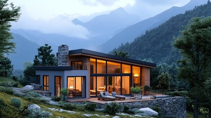 A summer house in the mountains with a scenic view.