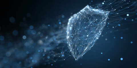Abstract blue shield formed by glowing lines and nodes, representing digital security, protection, and network safety