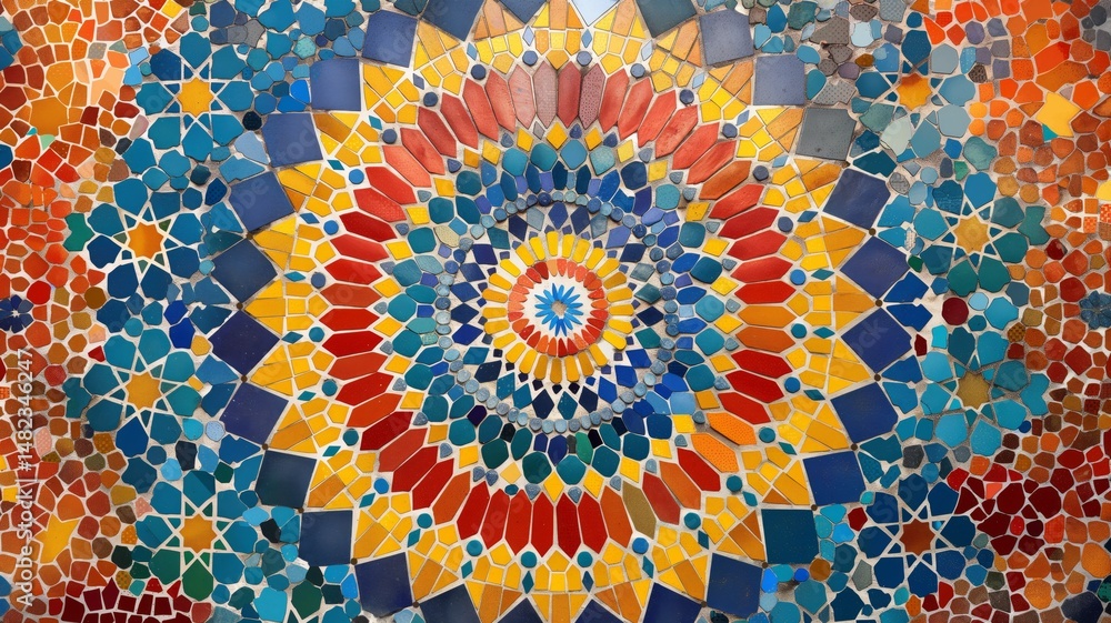 Poster colorful mosaic design creates an abstract background with vibrant patterns in various shades of blu