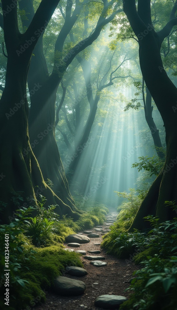 Aufkleber Stone Pathway Through a Mystical Forest with Towering Trees and Beams of Sunlight Streaming Through the Dense Canopy