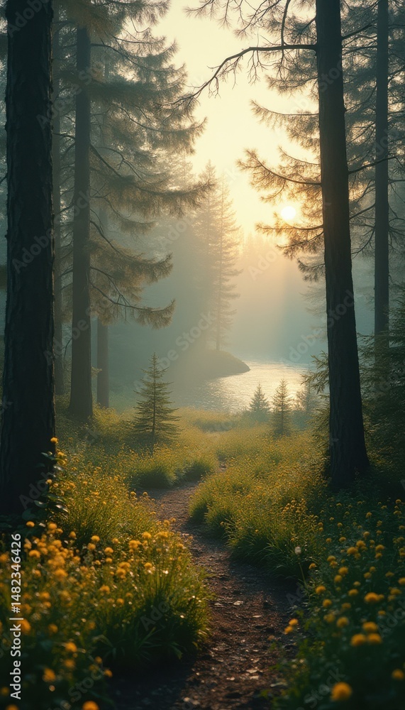 Poster Tranquil Forest Path with Golden Sunlight Streaming Through Foggy Trees to a Calm River