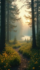Fototapeta premium Tranquil Forest Path with Golden Sunlight Streaming Through Foggy Trees to a Calm River