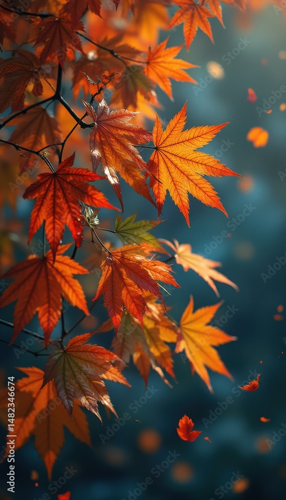 Poster japanese maple leaves in autumn radiating warm colors with a soft focus background and a few falling