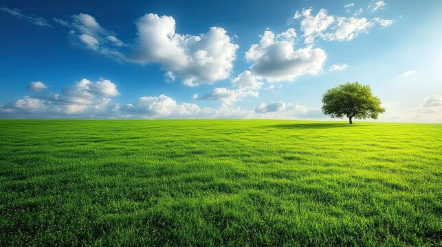 Lone Tree with Green Field, and Sunny Sky.