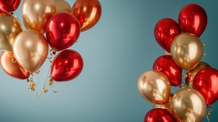 Celebratory balloons for montenegro independence day festivities. Horizontal banner. Copy space. Red and gold ballons in colors of flag of Montenegro on a blue background