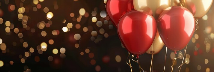 Montenegro independence day celebration with red and gold balloons for festive design. Horizontal banner. Copy space. Red and gold ballons in colors of flag of Montenegro on a blurred background