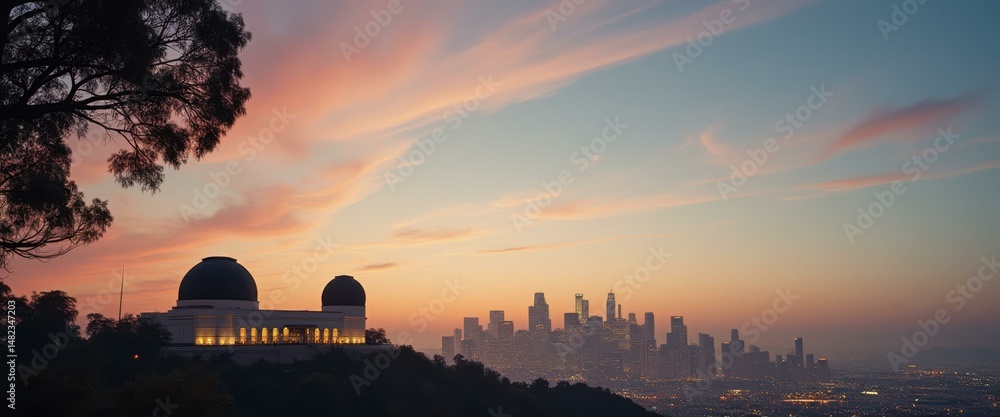 Poster distant cityscape and observatory under a pastel sunset sky, with soft lights illuminating the struc