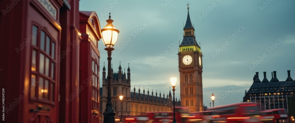 Poster landmark architecture in a captivating night scene with vintage telephone booths and warm illuminati