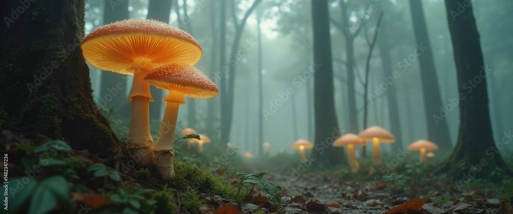 Poster glowing mushrooms illuminate a path through an ethereal, misty forest creating a fantasy woodland sc