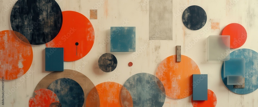 Leinwandbilder abstract composition with geometric shapes: circles, squares, and transparency on textured backgroun