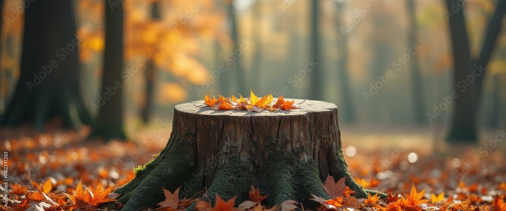 Poster autumn tranquility: tree stump adorned with vibrant fallen leaves in a serene forest setting