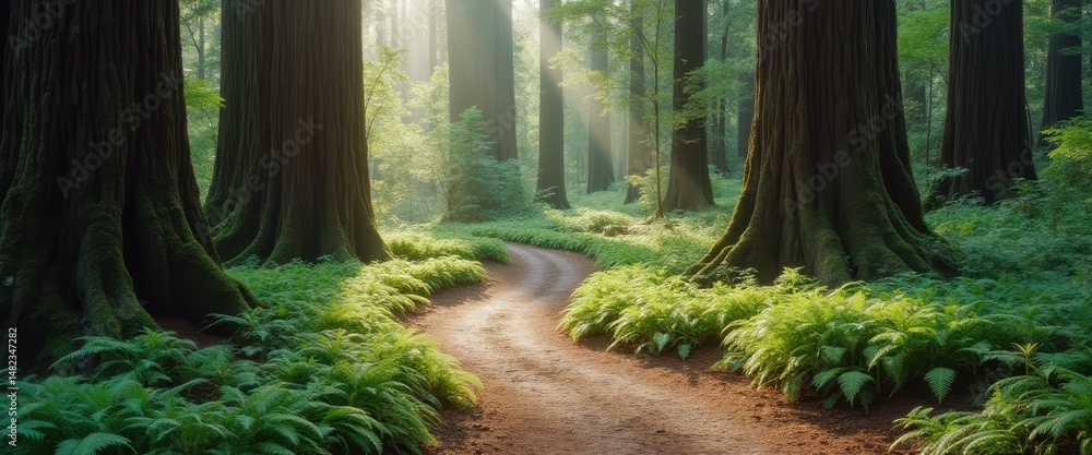 Poster Sunlit dirt path meanders through a lush forest of towering trees with ferns and foliage casting shadows.