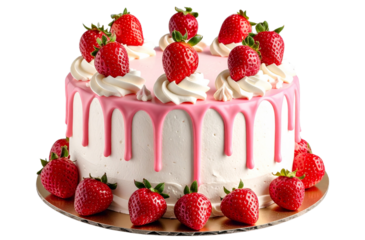  An ultra-realistic photograph of a beautiful birthday cake with strawberries on top, on a transparent background