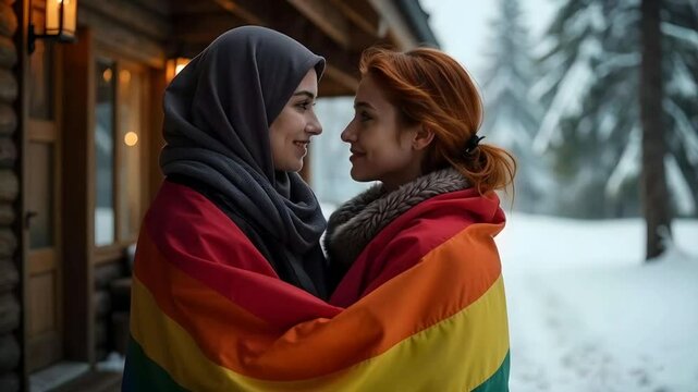 Two multiracial lesbian women, one Middle Eastern with a hijab and the other Caucasian with red hair, look at each other with love, wrapped in an LGBT freedom rainbow flag 