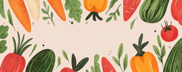 Colorful illustrated vegetables frame a blank space in the center, featuring carrots, peppers, tomatoes, and leafy greens on a light background.