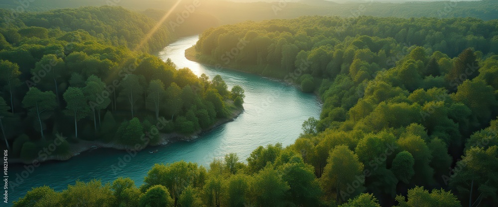 Poster river meanders through a dense forest illuminated by sunlight. scenic view. untouched nature. tranqu