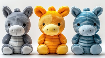 Plush animal toys, three adorable stuffed animals, gray donkey, orange giraffe, blue zebra