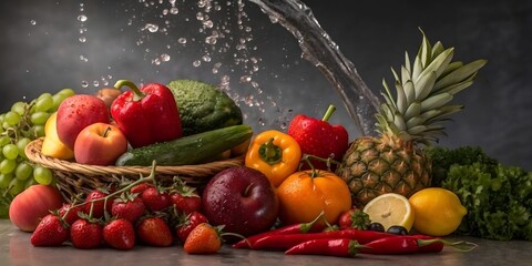 Colorful fresh fruits and vegetables in basket with water splash on dark background