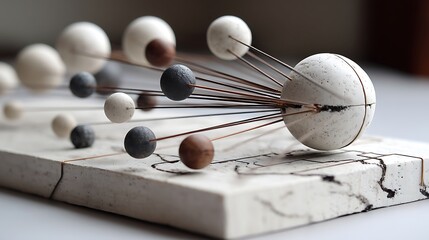 Spheres, wires, and marble like platform.