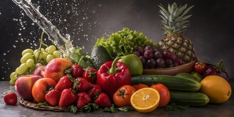Colorful fresh fruits and vegetables in basket with water splash on dark background