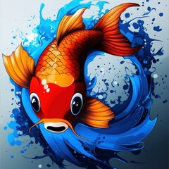 Vibrant Cartoon Koi Fish Illustration with Playful Water Swirls, Bold Colors, and Artistic Detail for Creative Projects