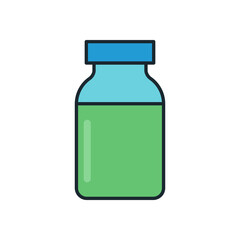 Minimal medical icon of pharmaceutical vial containing green fluid with light blue body and dark blue lid design