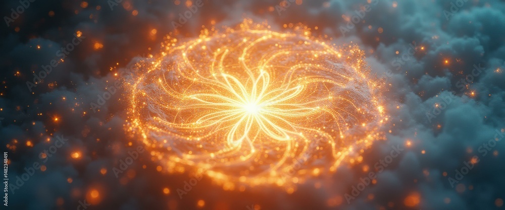 Poster Abstract glowing energy swirl pattern surrounded by dark clouds, creating a visually striking background for design projects