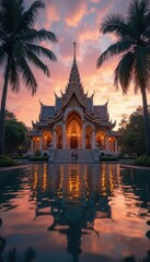 Obraz premium Ornate temple building illuminated by the sunset with reflecting pool and palm trees