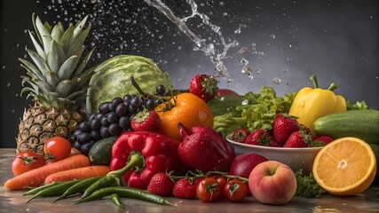 Colorful fresh fruits and vegetables in basket with water splash on dark background