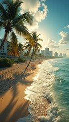 Obraz premium Beachside Bliss: Palm Trees, Gentle Waves, and Tropical Serenity Under a Warm Sky