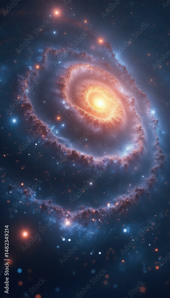 Poster Vivid depiction of a spiral galaxy featuring radiant arms extending from a bright core amidst a star-studded celestial background