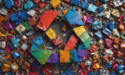 Macro shot of colorful recycled materials forming recycling symbol shape  ,  loop,  material,  arrows